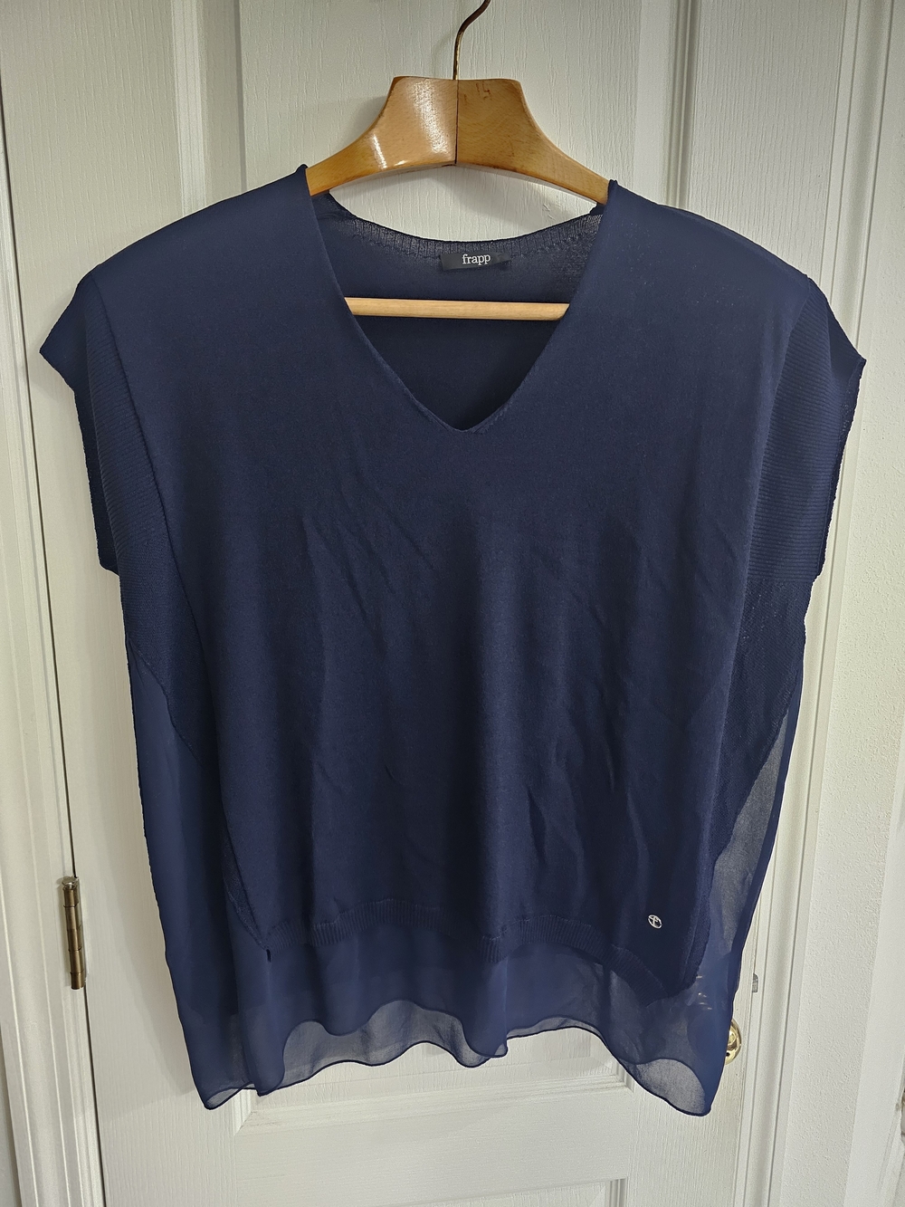Frapp Navy V-Neck Layered Sheer Hem Tunic US L